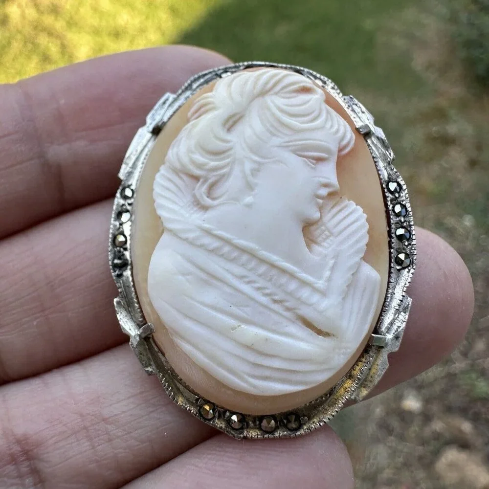 Antique Carved Shell Cameo Pendant Italy 800 Fine Silver 6.7g‎ Marcasite 1.5" - Picture 4 of 6